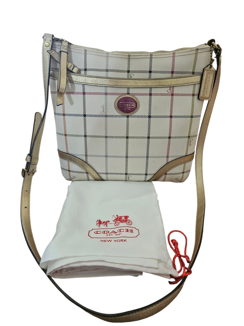 Coach Tattersall Plaid Peyton Shoulder Bag Gold Leather Trim  Dustbag And Tag